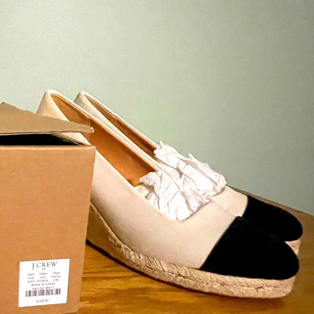 J Crew Cap Toe Espadrille Wedges. Antique White and Navy